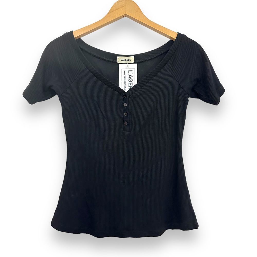 L’AGENCE | Theresa Ribbed Stretch Micro-Modal Jersey Henley Short Sleeve Top NWT